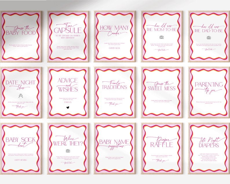 May include: A set of 15 printable baby shower game cards with pink, orange, and yellow borders. The cards feature various games such as "Guess the Baby Food", "Time Capsule", "How Many Candies", "How Old Was the Mom-to-Be", "How Old Was the Dad-to-Be", "Date Night Ideas", "Advice and Wishes", "Family Traditions", "Guess the Sweet Mess", "Parenting Tip Jar", "Baby Sock Hunt", "Where Were They", "Baby Name Suggestions", "Diaper Raffle", and "Late Night Diapers".
