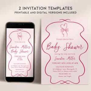 May include: Baby shower invitation templates in pink, available in printable and digital formats. The design features a pink border with a heart and bow graphic. The invitation includes the text "Baby Shower" and event details.
