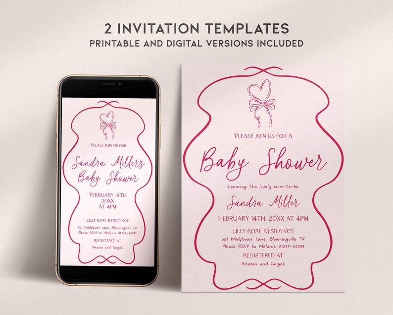 May include: Baby shower invitation templates in pink, available in printable and digital formats. The design features a pink border with a heart and bow graphic. The invitation includes the text "Baby Shower" and event details.