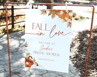 Fall in Love ブライダル シャワー サイン、白いカボチャのウェルカム サイン (印刷可能)、秋の葉の独身パーティー バナー、ウェディング ダウンロード、CH63