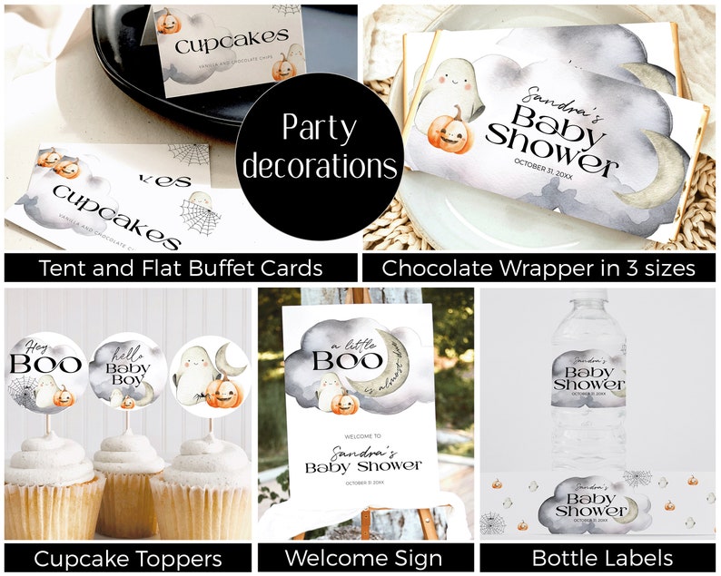 Op de afbeelding: Een set Halloween-thema baby shower decoraties met een spook, pompoen en maan ontwerp. De set bevat cupcake toppers, een welkomstbord, fleslabels en chocolade reep verpakkingen. De tekst op het bord luidt "Een klein BOO is onderweg! Welkom op Sandra's Baby Shower, 31 oktober 20XX".