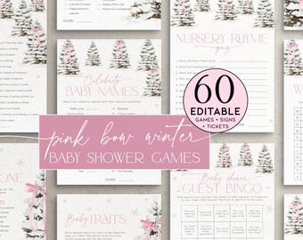 Pink Bow Christmas Baby Shower Games Bundle Forest, Editable Girl Winter Wonderland Tree Activity Pack, Merry Little Woodland Sprinkle, CH76