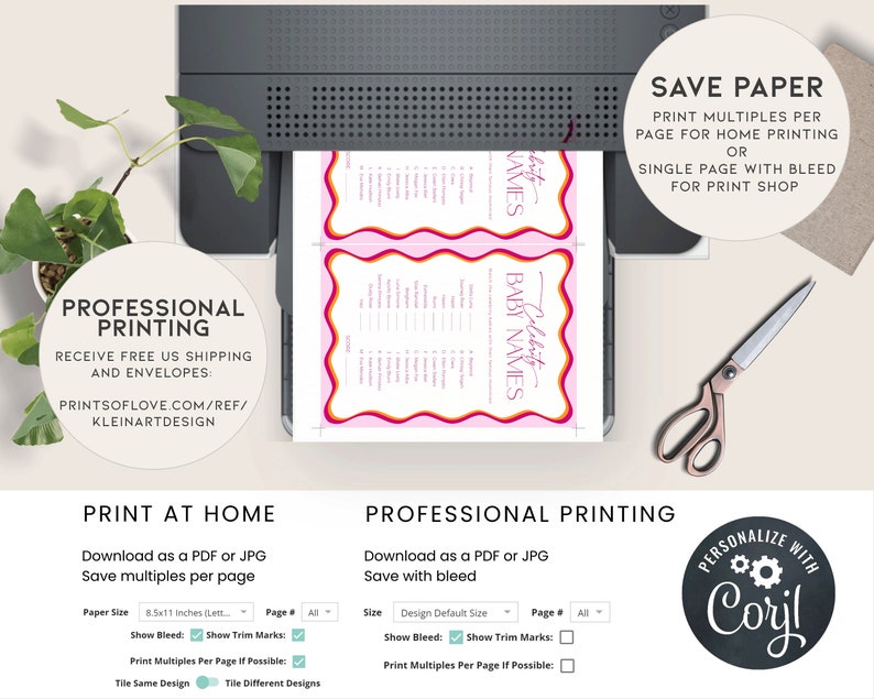 May include: A printable baby shower game with a pink and orange design. The game is called "Celebrity Baby Names" and includes a list of celebrity couples and their children's names. The image shows the game's design and instructions for printing at home or professionally.