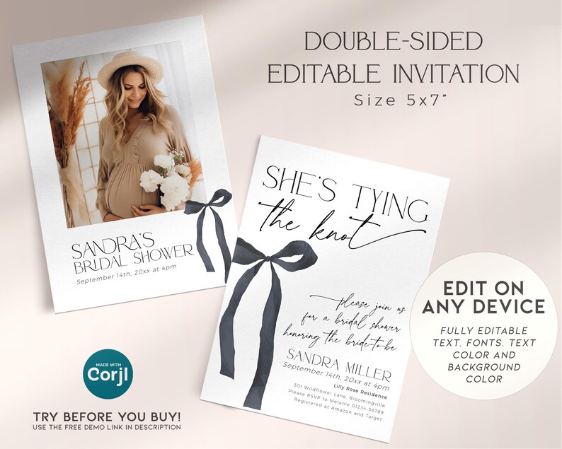 Black Bow Bridal Shower Invite Tying The Knot Invitation PRINTABLE, Coquette Gothic Engagement Invite Template, Editable Baby Download, BS99 image 2