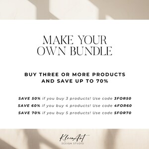 Pode incluir: Texto branco em fundo branco com uma sombra marrom clara. O texto diz "MAKE YOUR OWN BUNDLE" e "BUY THREE OR MORE PRODUCTS AND SAVE UP TO 70%". Abaixo deste texto, h&aacute; tr&ecirc;s linhas de texto que dizem "SAVE 50% if you buy 3 products! Use code 3FOR50", "SAVE 60% if you buy 4 products! Use code 4FOR60", e "SAVE 70% if you buy 5 products! Use code 5FOR70". O texto "Klein Art DESIGN STUDIO" est&aacute; na parte inferior da imagem.