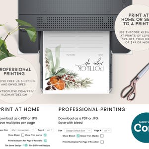 Puede incluir: Una descarga digital imprimible para una tarjeta de Navidad con una ilustraci&oacute;n de acuarela de una corona con naranjas, bayas y vegetaci&oacute;n. El texto "In robes you'll look" est&aacute; escrito en cursiva en la tarjeta. La imagen muestra una pantalla de computadora con la tarjeta mostrada en la pantalla. La imagen tambi&eacute;n muestra instrucciones para imprimir la tarjeta en casa o utilizar un servicio de impresi&oacute;n profesional.