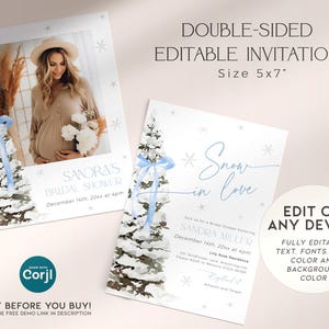 May include: A double-sided, editable invitation for a bridal shower. The front features a watercolor illustration of a snowy pine tree with a blue ribbon. The back features a photo of a pregnant woman in a beige dress. The text on the front reads "Snow in love" and "Sandra Miller, December 14th, 20xx at 4pm". The text on the back reads "Sandra's Bridal Shower, December 14th, 20xx at 4pm".