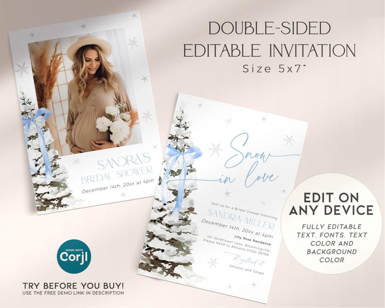 May include: A double-sided, editable invitation for a bridal shower. The front features a watercolor illustration of a snowy pine tree with a blue ribbon. The back features a photo of a pregnant woman in a beige dress. The text on the front reads "Snow in love" and "Sandra Miller, December 14th, 20xx at 4pm". The text on the back reads "Sandra's Bridal Shower, December 14th, 20xx at 4pm".