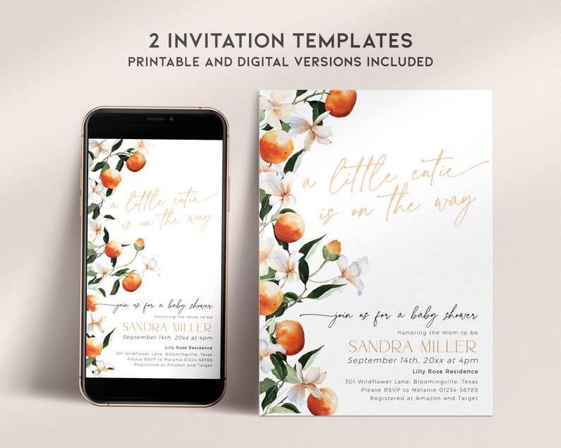 May include: Two printable baby shower invitations with a floral design featuring orange blossoms and citrus fruit. The text reads "a little cutie is on the way" and includes the name Sandra Miller, the date, time, and location of the shower.