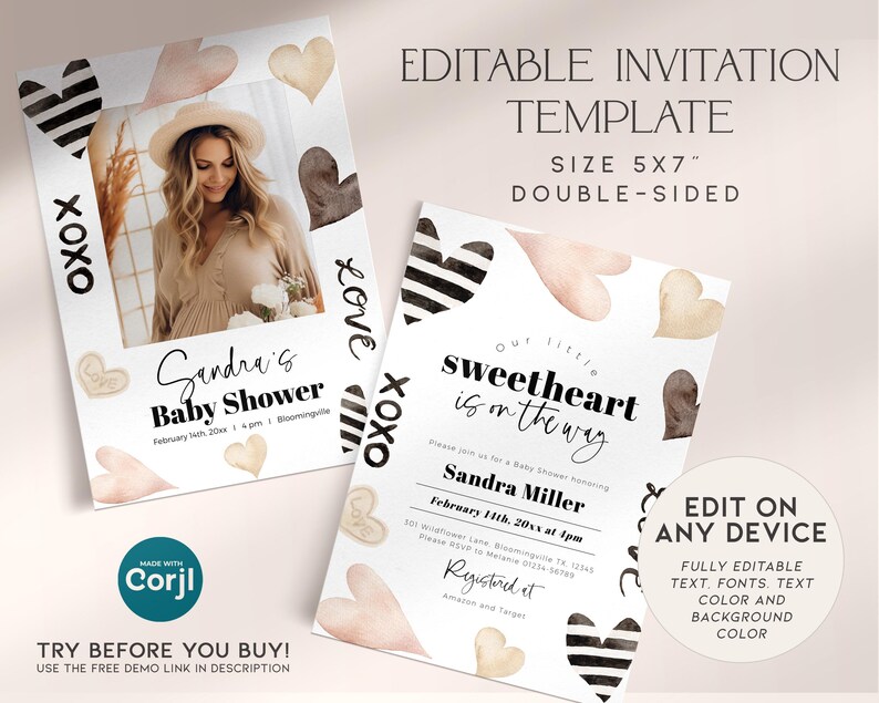 May include: Editable baby shower invitation template with a watercolor background featuring hearts in shades of pink and brown with black and white stripes. The text reads "Our little sweetheart is on the way" and includes the name "Sandra Miller" and the date "February 14th, 20xx at 1pm".