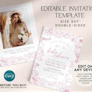 May include: Editable baby shower invitation template in pink and white. The template features a photo of a pregnant woman and a design with a hot air balloon, teddy bear, and other baby-related illustrations. The text on the template reads "Please join us for a baby shower honouring the lovely mom-to-be Sandra Miller, February 14th 20xx at 4pm, Lilly Rose Residence, 301 Willow Lane, Bloomington, TX, Please RSVP to Melanie 555-555-5555, Registered at Amazon and Target."