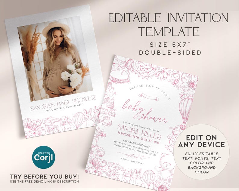 May include: Editable baby shower invitation template in pink and white. The template features a photo of a pregnant woman and a design with a hot air balloon, teddy bear, and other baby-related illustrations. The text on the template reads "Please join us for a baby shower honouring the lovely mom-to-be Sandra Miller, February 14th 20xx at 4pm, Lilly Rose Residence, 301 Willow Lane, Bloomington, TX, Please RSVP to Melanie 555-555-5555, Registered at Amazon and Target."