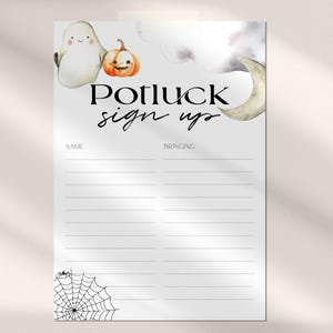 May include: A Halloween-themed potluck sign-up sheet. The top features a watercolor ghost, pumpkin, moon, and cloud illustrations. The words "Potluck sign up" are written in a decorative font. The bottom has a spider web illustration.