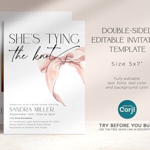 Pink Bow Bridal Shower Invite Tying The Knot Invitation PRINTABLE, Coquette Blush Engagement Invite, Editable Template Baby Download, BS58 image 2