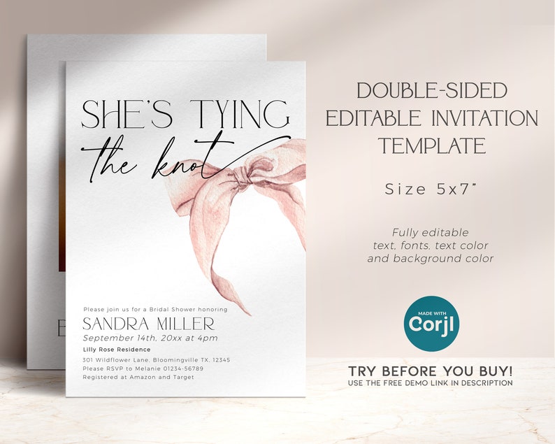 Pink Bow Bridal Shower Invite Tying The Knot Invitation PRINTABLE, Coquette Blush Engagement Invite, Editable Template Baby Download, BS58 image 2