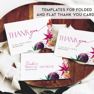 May include: Three printable thank you cards with a watercolor design featuring pink and purple ornaments, green leaves, and the text "Thank you" and "Sandra's Bridal Shower".