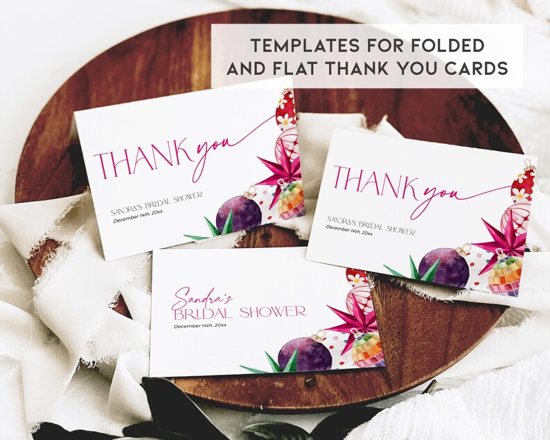 May include: Three printable thank you cards with a watercolor design featuring pink and purple ornaments, green leaves, and the text "Thank you" and "Sandra's Bridal Shower".