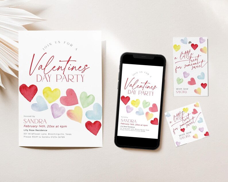 Retro Hearts Valentines Party invitation in a set with matching mobile invitation and gift tags. The design is colorful with yellow, red, blue, green and violet hearts. The gift tags feature the text "a little treat for someone sweet