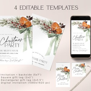 May include: Four editable Christmas party templates featuring a watercolor illustration of greenery, oranges, and a green ribbon. The templates include an invitation, a square gift tag, a rectangular gift tag, and a digital invitation. The text on the invitation reads "Please join us for a Christmas Party, The Miller's House, December 18th, 2023 at 6pm, Please bring a Sweet Gift."