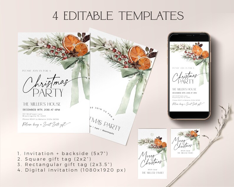 May include: Four editable Christmas party templates featuring a watercolor illustration of greenery, oranges, and a green ribbon. The templates include an invitation, a square gift tag, a rectangular gift tag, and a digital invitation. The text on the invitation reads "Please join us for a Christmas Party, The Miller's House, December 18th, 2023 at 6pm, Please bring a Sweet Gift."