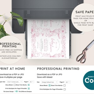 May include: A mockup of a printable invitation design for a baby shower. The design features a hot air balloon with pink floral accents and the text "Baby Shower" in a script font. The invitation is shown on a computer screen with options for printing at home or professionally.