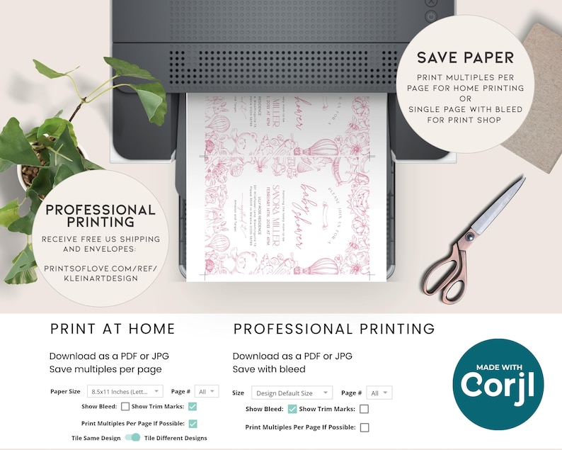 May include: A mockup of a printable invitation design for a baby shower. The design features a hot air balloon with pink floral accents and the text "Baby Shower" in a script font. The invitation is shown on a computer screen with options for printing at home or professionally.