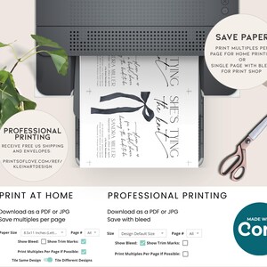 May include: A printable wedding invitation template with a black and white design. The text reads "She's tying the knot" and includes the bride and groom's names. The template is available for both home and professional printing.