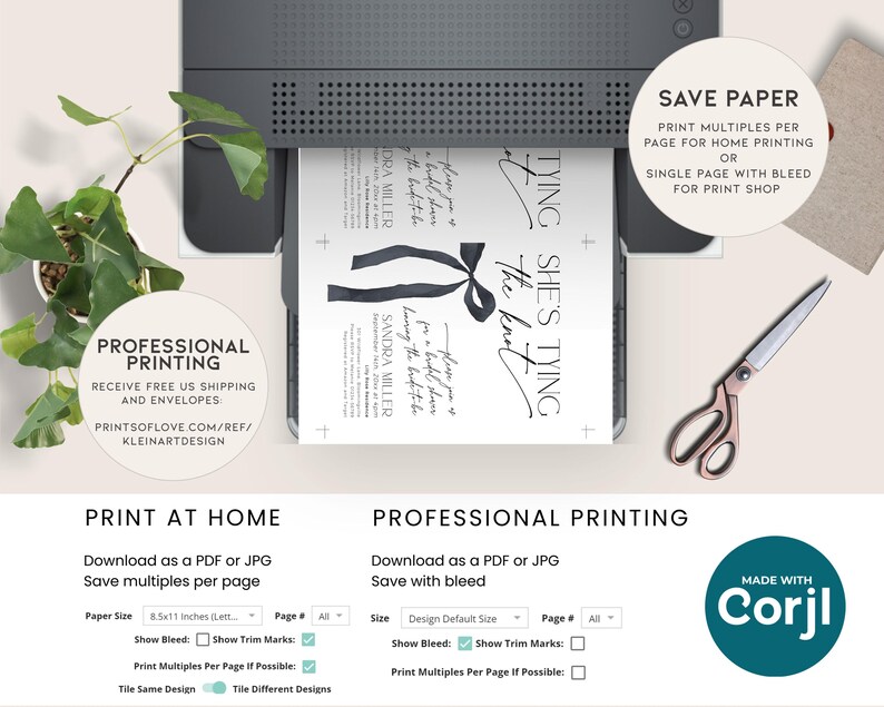 May include: A printable wedding invitation template with a black and white design. The text reads "She's tying the knot" and includes the bride and groom's names. The template is available for both home and professional printing.