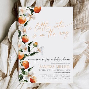 A Little Cutie is on the Way Orange Baby Shower Invitation Template, Editable Citrus Florals Invite, Gender Neutral Summer Sprinkle, BB91