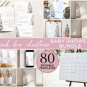May include: Pink and white baby shower printable templates with a Christmas theme. The templates feature a watercolor illustration of a Christmas tree with a pink bow. The text on the templates includes "Baby it's cold outside", "Books for Baby", "Thank You", "Games & Sweet Treats", "Guess the Due Date", and "Baby Raffle".