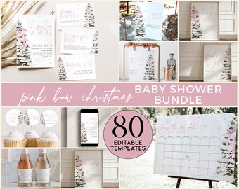 Puede incluir: Plantillas imprimibles para baby shower en rosa y blanco con temática navideña. Las plantillas presentan una ilustración de acuarela de un árbol de Navidad con un lazo rosa. El texto en las plantillas incluye "Baby hace frío afuera", "Libros para bebé", "Gracias", "Juegos y dulces", "Adivina la fecha de parto" y "Rifa de bebé".