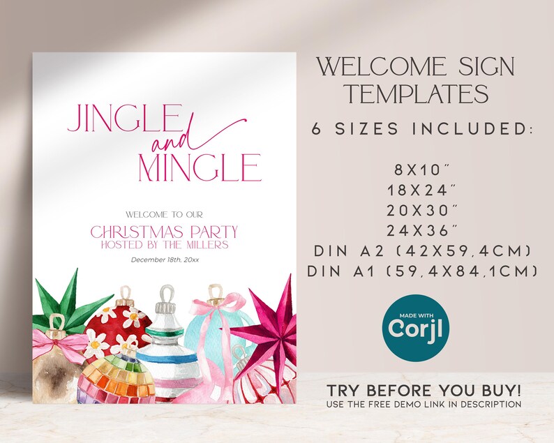 K&ouml;nnte beinhalten: Eine druckbare Willkommens-Tafel f&uuml;r eine Weihnachtsfeier mit dem Text "Jingle and Mingle" in rosa Schrift. Die Tafel zeigt Aquarell-Illustrationen von Weihnachtskugeln und einem Stern. Die Tafel ist in sechs Gr&ouml;&szlig;en erh&auml;ltlich: 8x10 Zoll, 18x24 Zoll, 20x30 Zoll, 24x36 Zoll, DIN A2 (42x59,4 cm) und DIN A1 (59,4x84,1 cm).