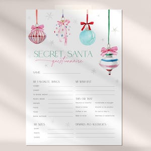 Encuesta sobre la hermana secreta con adornos rosas, hoja de intercambio de regalos para la fiesta de Papá Noel con lazo navideño, formulario de lista de deseos navideños, cuestionario sobre lo que más me gusta CH79