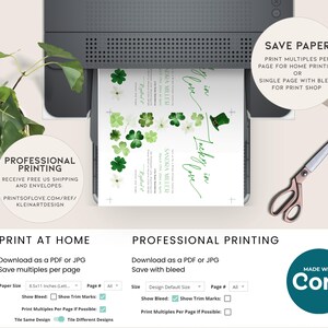 May include: A printable wedding invitation template with a green shamrock design. The text reads "Lucky in Love" and includes the names "Sandra Miller" and "Anthony Willis". The template offers options for professional printing with free shipping and envelopes, or print at home with multiple designs per page.