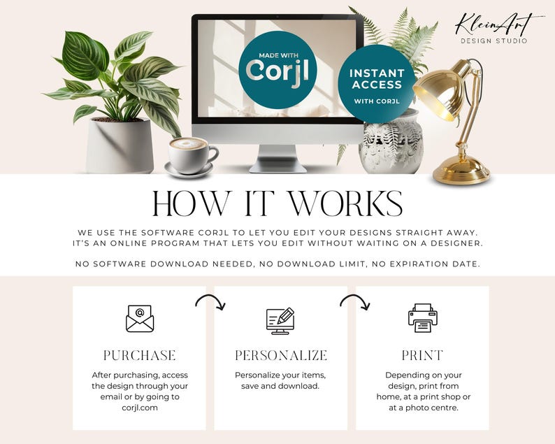 May include: A computer screen displaying the text "Made with Corjl" and "Instant Access with Corjl". The screen is on a desk with a plant, a cup of coffee, and a desk lamp. The text "How it Works" is below the screen. The text below "How it Works" explains that the software Corjl lets you edit your designs straight away. It's an online program that lets you edit without waiting on a designer. No software download needed, no download limit, no expiration date. Three icons are below the text: "Purchase", "Personalize", and "Print".