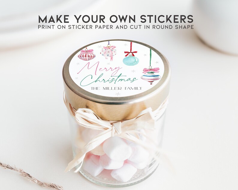 May include: A round sticker with a white background and colorful Christmas ornaments. The text "Merry Christmas" is written in pink and blue script. The text "The Miller Family" is written in black below the ornaments.
