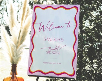 Bridal Shower Welcome Sign with Red Pink Wavy Border, Hot Pink Wedding Signage PRINTABLE, Bachelorette Party Banner, Poster Download, BS36