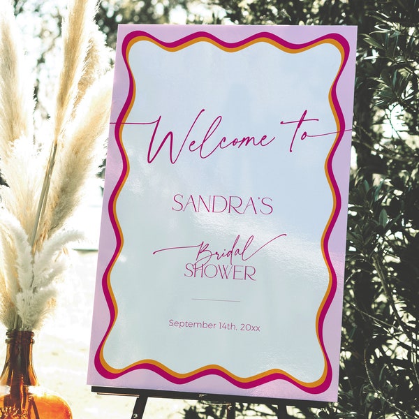 Bridal Shower Welcome Sign with Red Pink Wavy Border, Hot Pink Wedding Signage PRINTABLE, Bachelorette Party Banner, Poster Download, BS36