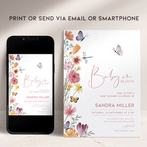May include: A baby shower invitation with a floral design featuring butterflies and dragonflies. The invitation reads "Baby in Bloom" and includes the name "Sandra Miller" and the date "Saturday, 22 September at 2 PM".