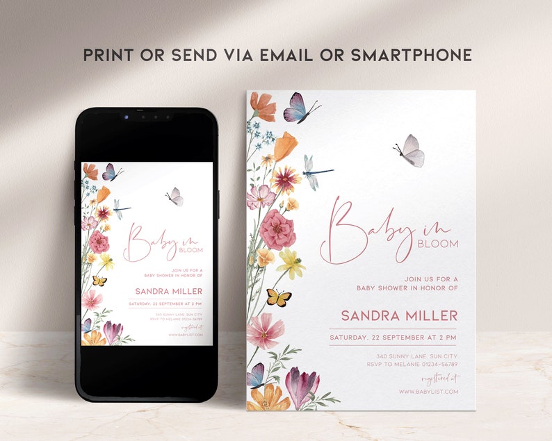 May include: A baby shower invitation with a floral design featuring butterflies and dragonflies. The invitation reads "Baby in Bloom" and includes the name "Sandra Miller" and the date "Saturday, 22 September at 2 PM".