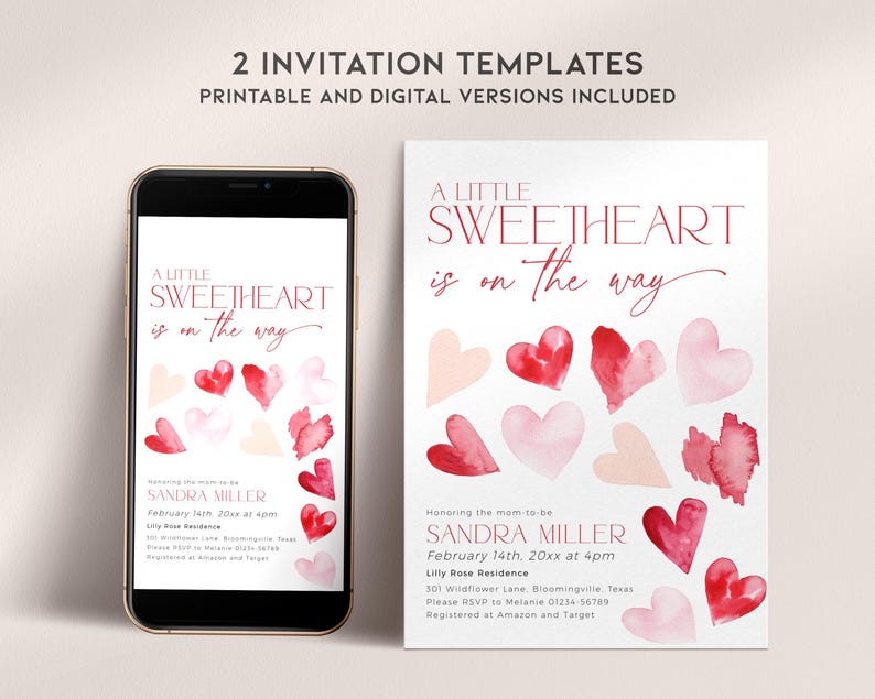 Puede incluir: Dos plantillas de invitaci&oacute;n para baby shower imprimibles con un dise&ntilde;o de coraz&oacute;n de acuarela. El texto dice "Un peque&ntilde;o coraz&oacute;n est&aacute; en camino".