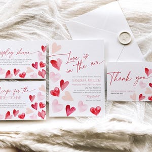 Paquete de invitaciones para despedida de soltera de San Valentín, conjunto de invitaciones para despedida de soltera de invierno con el amor en el aire, plantilla editable con corazones rojos y rosados, CH84