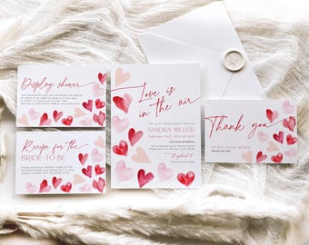 Valentine Bridal Shower Invitation Bundle, Love is in the Air Winter Bachelorette Invite Set, Editable Red and Pink Hearts Template, CH84