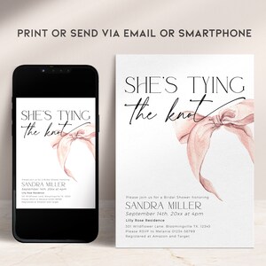 Pink Bow Bridal Shower Invite Tying The Knot Invitation PRINTABLE, Coquette Blush Engagement Invite, Editable Template Baby Download, BS58 image 3