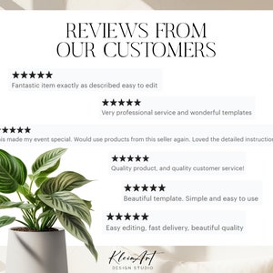 May include: A white background with the text "REVIEWS FROM OUR CUSTOMERS" in black. Five customer reviews are displayed with five-star ratings and positive comments. The reviews highlight the quality of the products, customer service, and ease of use. A green plant in a white pot is in the lower left corner of the image.