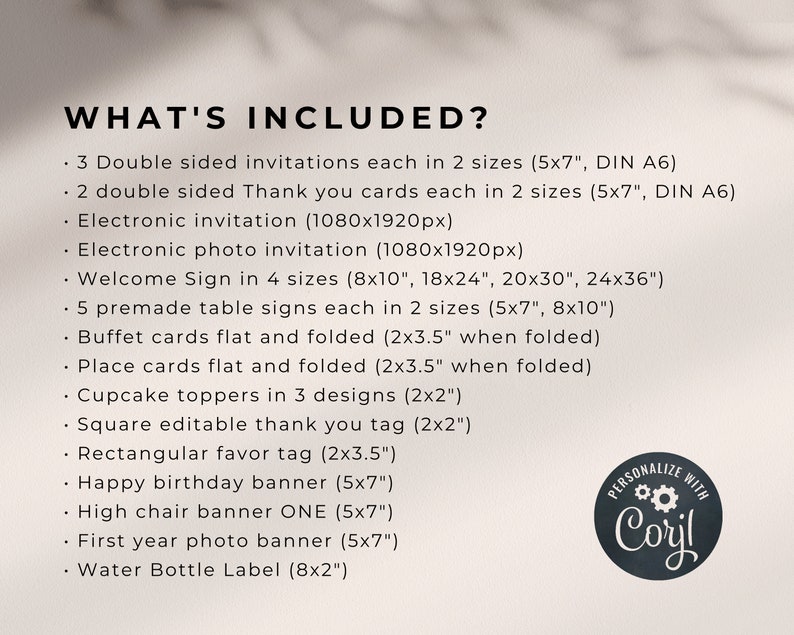 Puede incluir: Una lista de art&iacute;culos incluidos en un paquete de imprimibles para fiestas. La lista incluye invitaciones, tarjetas de agradecimiento, letreros de bienvenida, letreros de mesa, tarjetas de buffet, tarjetas de lugar, adornos para cupcakes, etiquetas de agradecimiento, etiquetas de favor, pancartas y etiquetas para botellas de agua. El texto "PERSONALIZAR CON Coryl" est&aacute; en un c&iacute;rculo en la parte inferior derecha de la imagen.