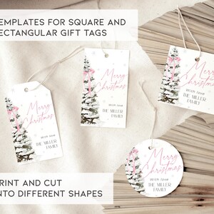 May include: Four printable Christmas gift tags featuring a watercolor illustration of a snowy pine tree with a pink ribbon. The tags are rectangular and round, with the text "Merry Christmas" and "With love, The Miller Family".