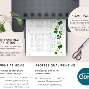 May include: Printable St. Patrick's Day guest bingo cards with a green shamrock and leprechaun hat design. The cards are available for download as a PDF or JPG file. The listing includes instructions for printing at home or with a professional printer.