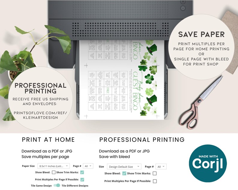 May include: Printable St. Patrick's Day guest bingo cards with a green shamrock and leprechaun hat design. The cards are available for download as a PDF or JPG file. The listing includes instructions for printing at home or with a professional printer.