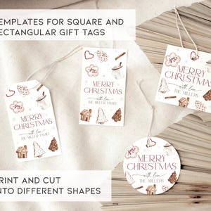 May include: Printable gift tags featuring a watercolor gingerbread theme. The tags are designed in square and rectangular shapes with the text "Merry Christmas with love The Millers".